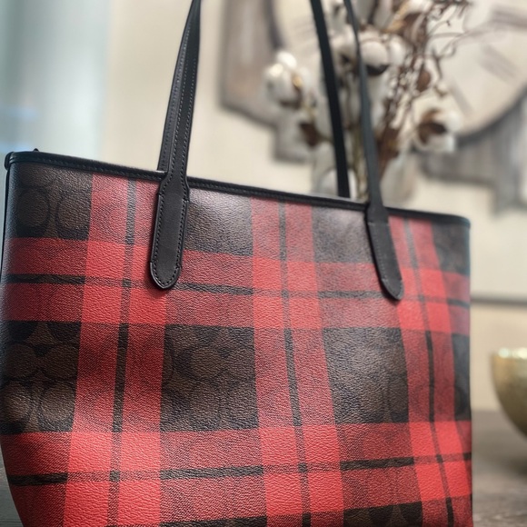Coach Zip Top Tote In Signature Canvas With Field Plaid Print - Picture 8 of 15